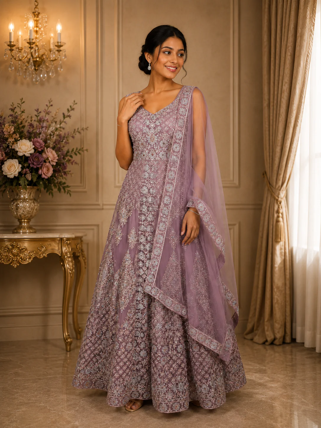 Purple Floral Thread and Mirror Embroidered Design Net Gown with Dupatta